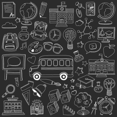 Okula geri küme doodle. Doğrusal simgeler