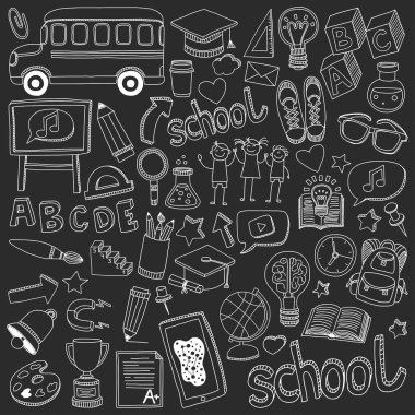 Okula geri küme doodle. Doğrusal simgeler