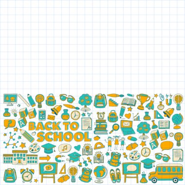 Okula geri küme doodle. Doğrusal simgeler