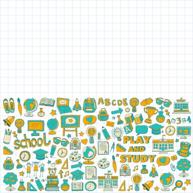 Okula geri küme doodle. Doğrusal simgeler