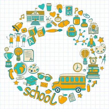 Okula geri küme doodle. Doğrusal simgeler