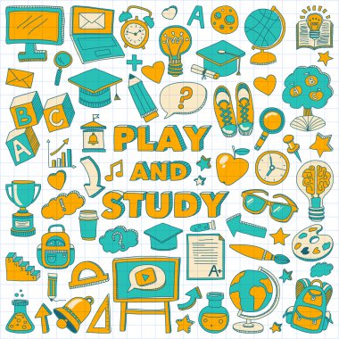 Okula geri küme doodle. Doğrusal simgeler