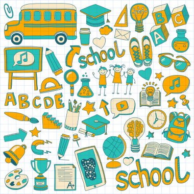 Okula geri küme doodle. Doğrusal simgeler