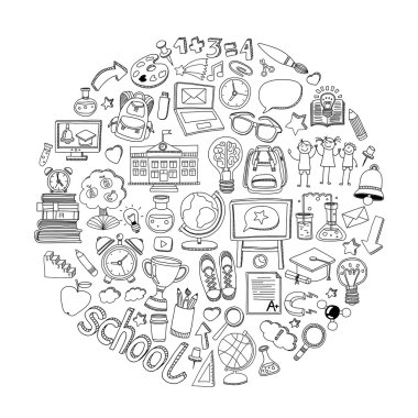 Okula geri küme doodle. Doğrusal simgeler