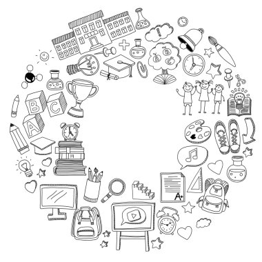 Okula geri küme doodle. Doğrusal simgeler