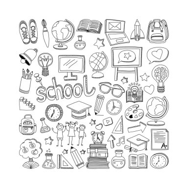 Okula geri küme doodle. Doğrusal simgeler