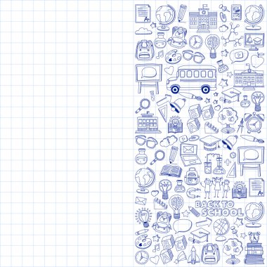 Okula geri küme doodle. Doğrusal simgeler