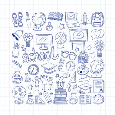 Okula geri küme doodle. Doğrusal simgeler