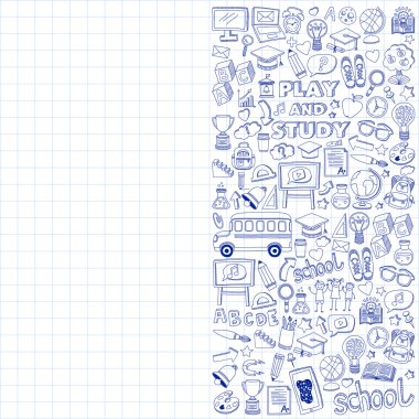 Okula geri küme doodle. Doğrusal simgeler