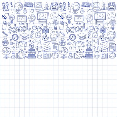 Okula geri küme doodle. Doğrusal simgeler