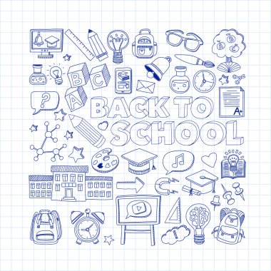 Okula geri küme doodle. Doğrusal simgeler