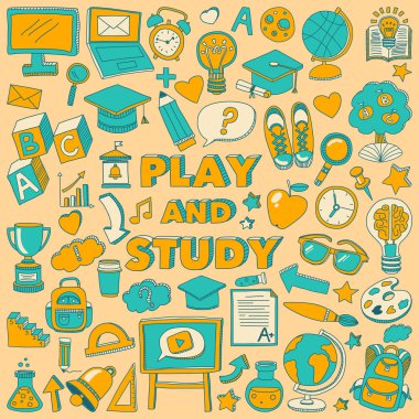 Okula geri küme doodle. Doğrusal simgeler