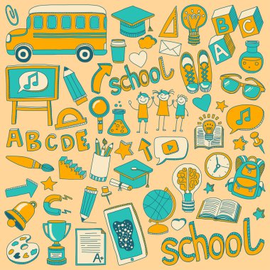 Okula geri küme doodle. Doğrusal simgeler