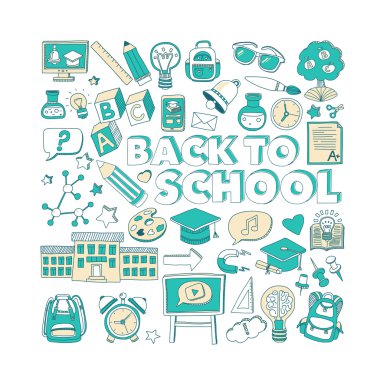 Okula geri küme doodle. Doğrusal simgeler