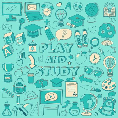 Okula geri küme doodle. Doğrusal simgeler