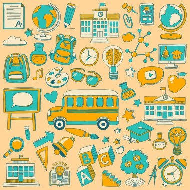 Okula geri küme doodle. Doğrusal simgeler