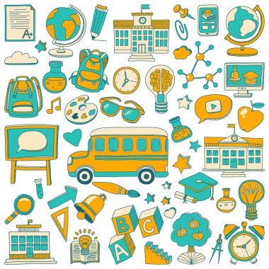 Okula geri küme doodle. Doğrusal simgeler