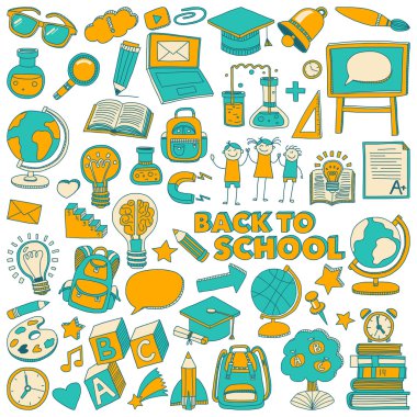 Okula geri küme doodle. Doğrusal simgeler