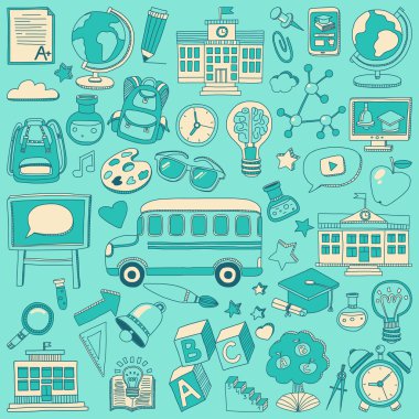 Okula geri küme doodle. Doğrusal simgeler