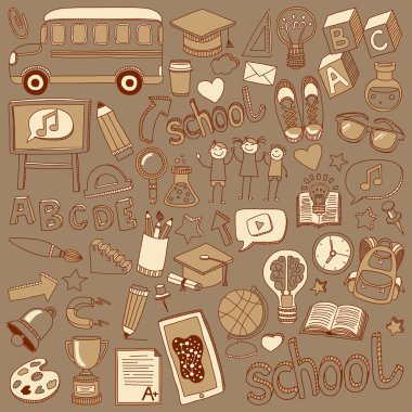 Okula geri küme doodle. Doğrusal simgeler