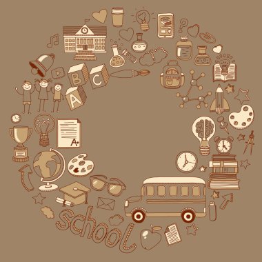 Okula geri küme doodle. Doğrusal simgeler