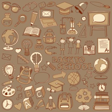 Okula geri küme doodle. Doğrusal simgeler