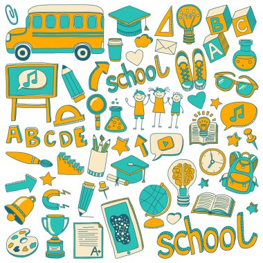 Okula geri küme doodle. Doğrusal simgeler