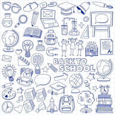 Okula geri küme doodle. Doğrusal simgeler