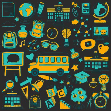 Okula geri küme doodle. Doğrusal simgeler