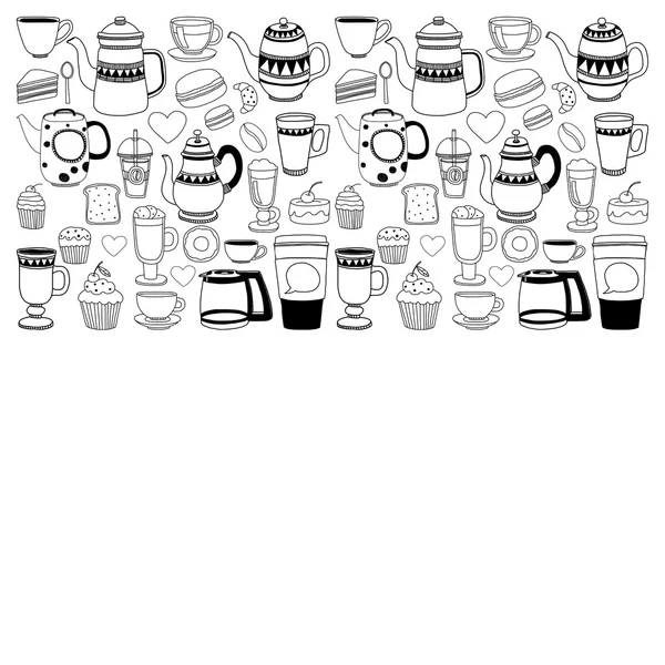 Doodle artículos de la cafetería con patrón sin costuras — Vector de stock