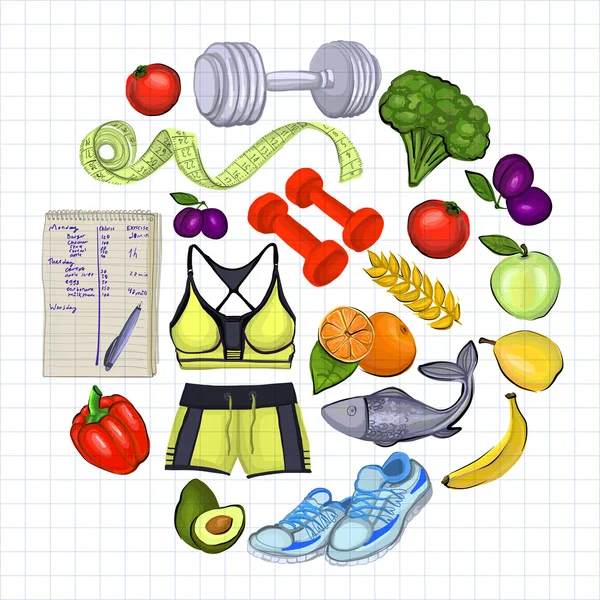 Healthy lifestyle icons Doodle style images — Stock Vector