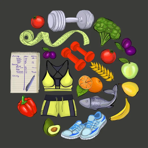 Az egészséges életmód és a fitness ikonok — Stock Vector