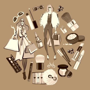 Kozmetik ve aksesuarları ile çizilmiş seti el