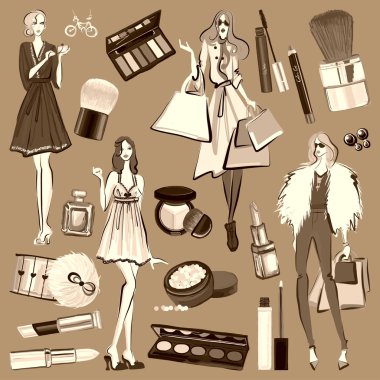 Kozmetik ve aksesuarları ile çizilmiş seti el