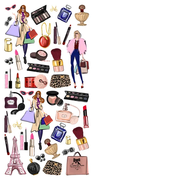 Kozmetik ve aksesuarları ile çizilmiş seti el