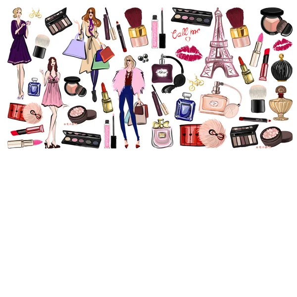 Kozmetik ve aksesuarları ile çizilmiş seti el