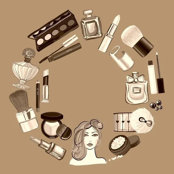 Handgezeichnetes Set mit Kosmetik und Accessoires — Stockvektor
