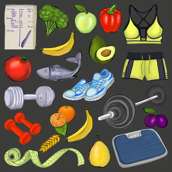 Kézzel rajzolt minta Sport és egészséges ételek — Stock Vector