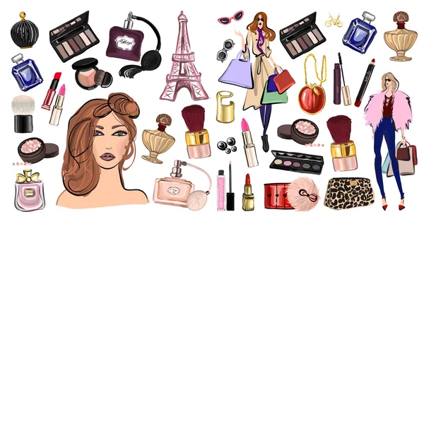 Set dessiné à la main avec cosmétiques et accessoires — Image vectorielle