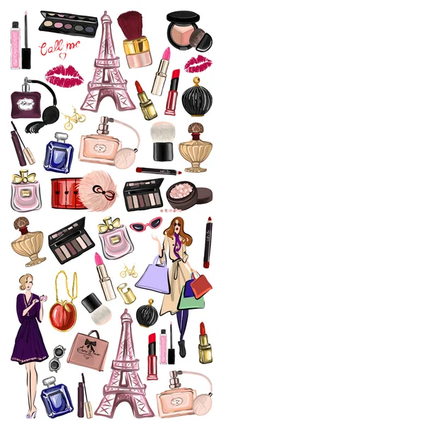 Set dibujado a mano con cosméticos y accesorios — Vector de stock