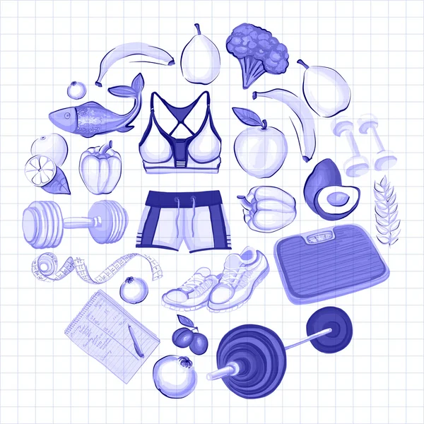 Sağlıklı yaşam tarzı simgeleri Doodle tarzı görüntüleri — Stok Vektör