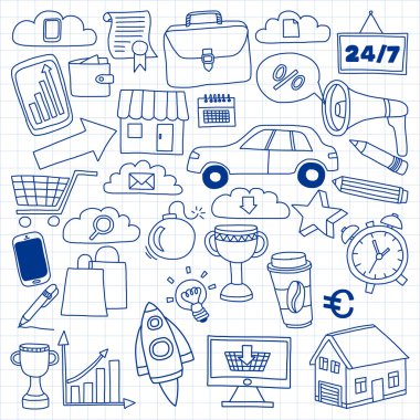 Vektör kümesi doodle iş ikonları/simgeleri