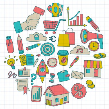 Vektör kümesi doodle iş ikonları/simgeleri