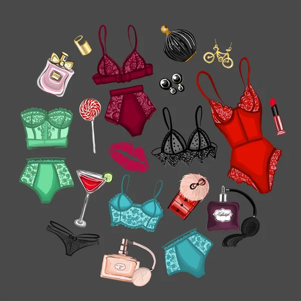 Conjunto de vetores com lingerie e perfume — Vetor de Stock