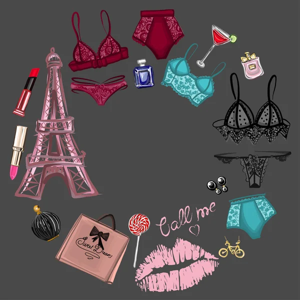 Conjunto de vetores com lingerie e perfume —  Vetores de Stock