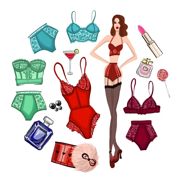 Conjunto de vetores com lingerie e perfume — Vetor de Stock