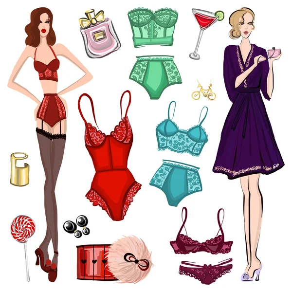 Vector set with lingerie and perfume — Stock Vector