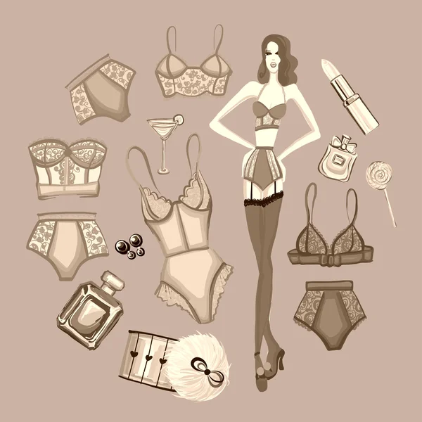 Conjunto de vetores com lingerie e perfume — Vetor de Stock