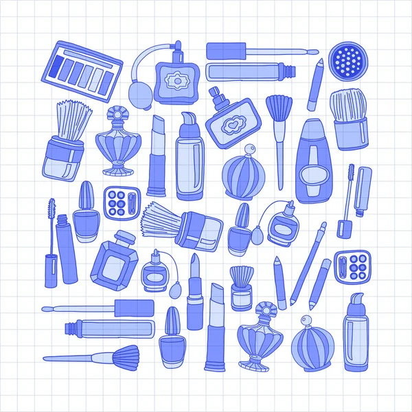 Vector doodle conjunto de perfume y cosméticos — Vector de stock