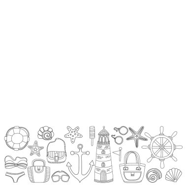 Büyük plaj moda hakkında doodle görüntülerle ayarla ve seyahat